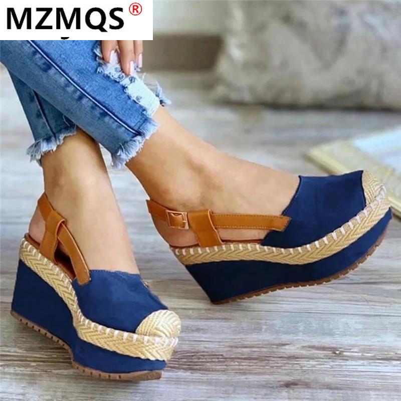Sandals Women's Solid Color Suede Stitching Woven Slope Heel Buckle Round Toe High-heeled Fashion Trend Sexy Elegant All-match