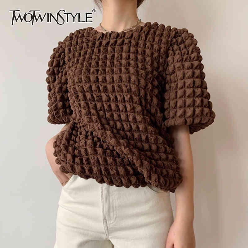 

TWOWINSYLE Casual Solid Shirt For Women O Neck Puff Short Sleeve Loose Shirts Females Summer Fashion Clothing 210524, Coffee