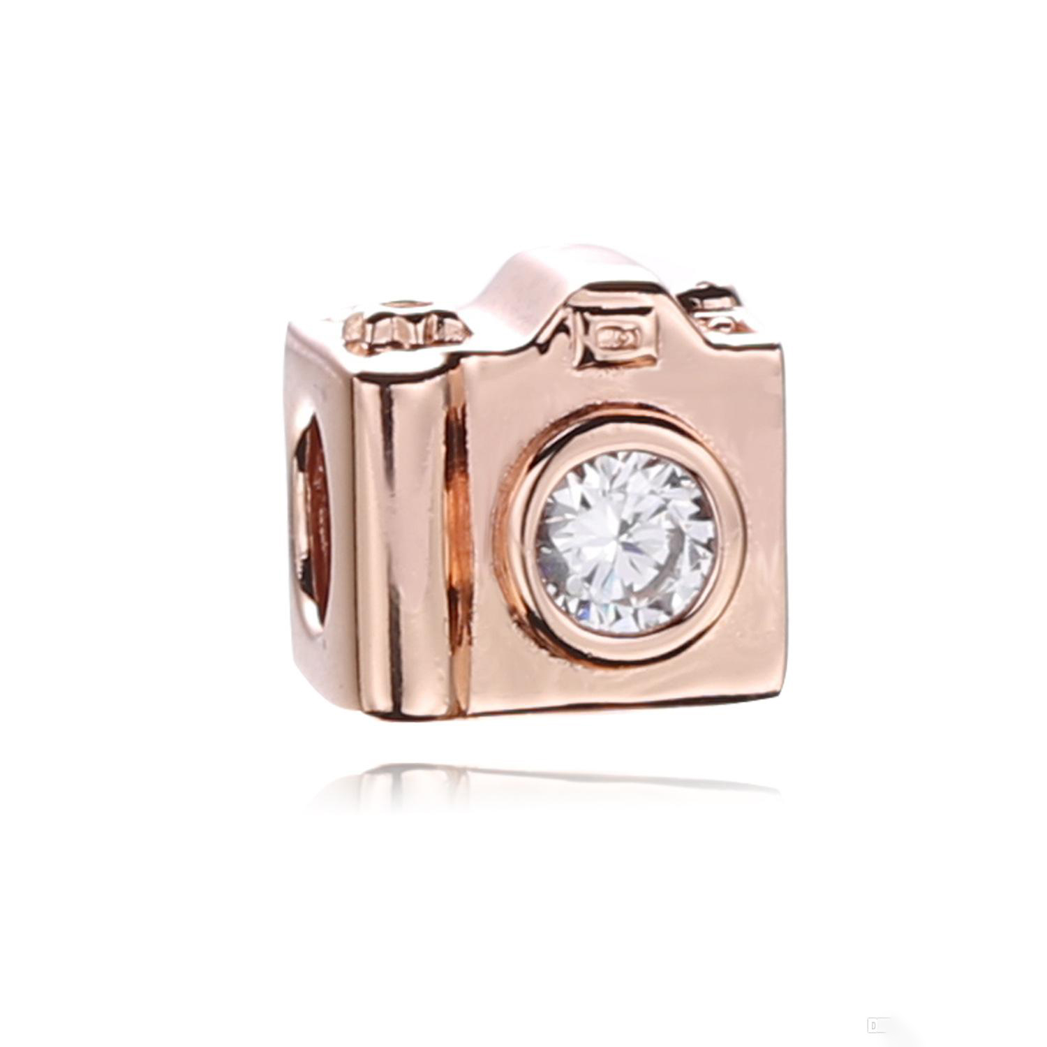 

Factory wholesale 18CT Rose Gold Plated Over 925 Sterling Silver Camera with Clear Cz Charm Fits European Style Beads Bracelets