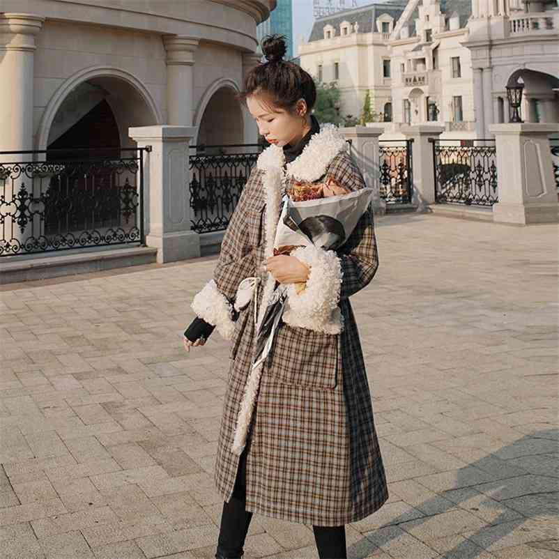 

Parkas Women Thick Fleece Splice Lambswool Fur Coat Female Korean Loose Long Plaid Woolen Jacket Elegant Warm Outwears 210519, As picture