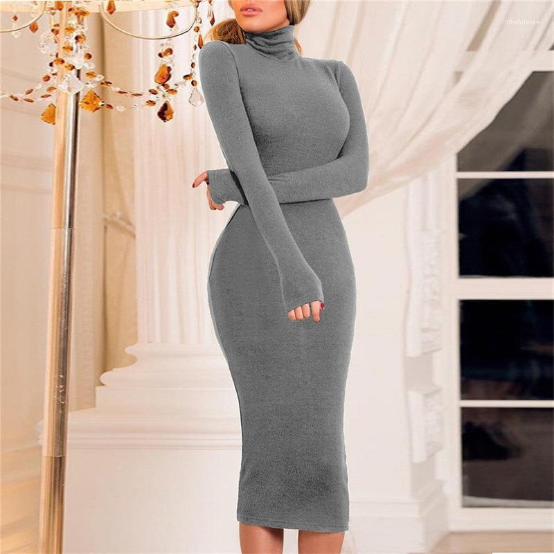 

Dresses Solid Color Autumn Casual Slim Knit Long Sleeved High Collar Bodycon Dresses Fashion Women Dresses Designer Women Party, White;black