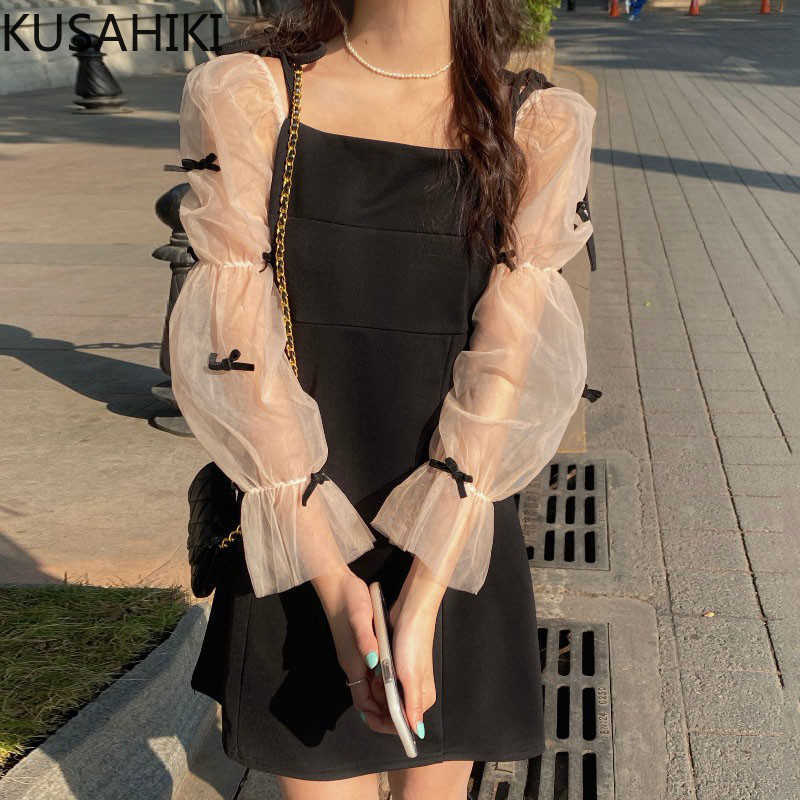 

Spring Bowknot Mesh Puff Sleeve Patchwork Dresses Korean Square Collar Sweet Vestidos High Waist Women Dress 6F668 210603, Black