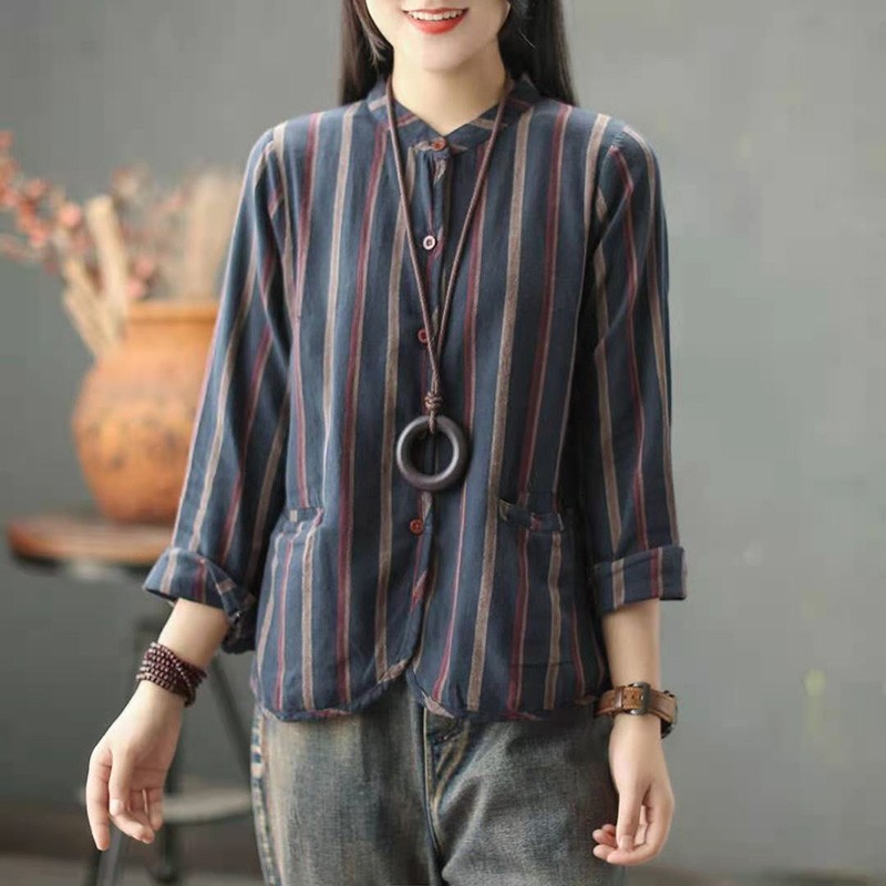 

Women's Blouses & Shirts Arrival Spring/autumn Women Loose Long Sleeve Stand Collar Blouse Cotton Linen Striped Single Breasted Ca, Brown