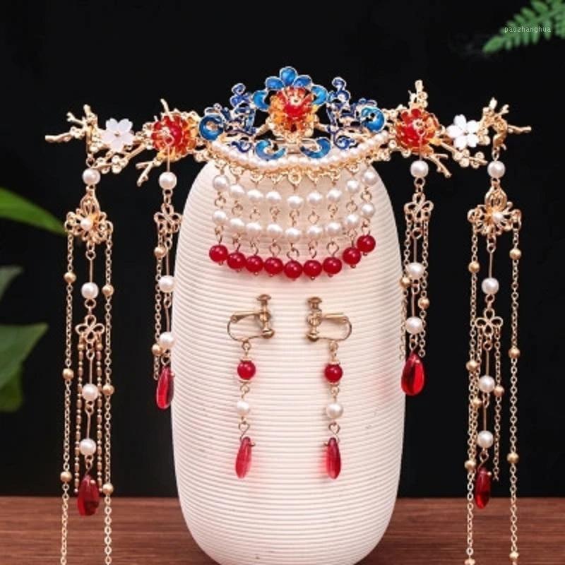 

Chinese Hanfu Retro Tassel Comb Red Crown Earrings Headwear Set Ladies Wedding Party Jewelry Hair Clips & Barrettes, Golden;silver
