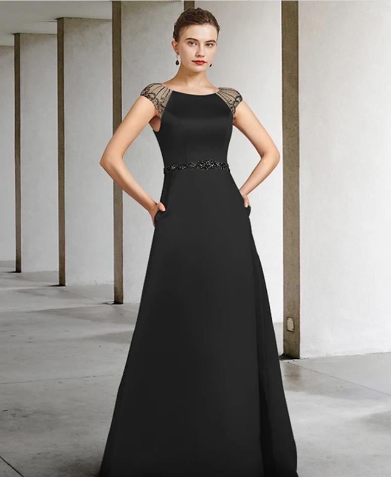 

A-Line Mother of the Bride Dress Elegant Jewel Neck Floor Length Satin Sleeveless with Sash / Ribbon 2021 c098, Black;red