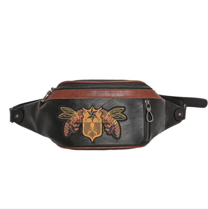 

Factory wholesale men handbag original design embroidery chest bag street cool bee embroiderys messenger handbags fashion leather shoulder bags, Black