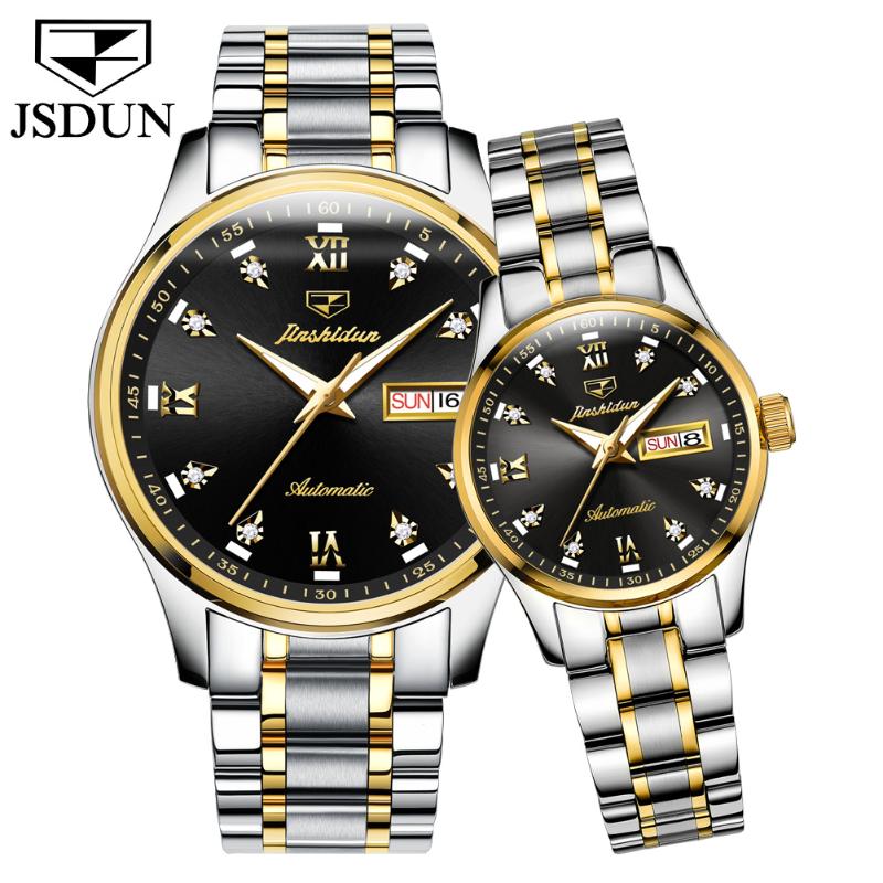 

Wristwatches JSDUN 2021 Couple Watch Men's Gold Luxury Fashion Ladies Waterproof Mechanical Stainless Steel Reloj Hombre 8763, Men leather blue