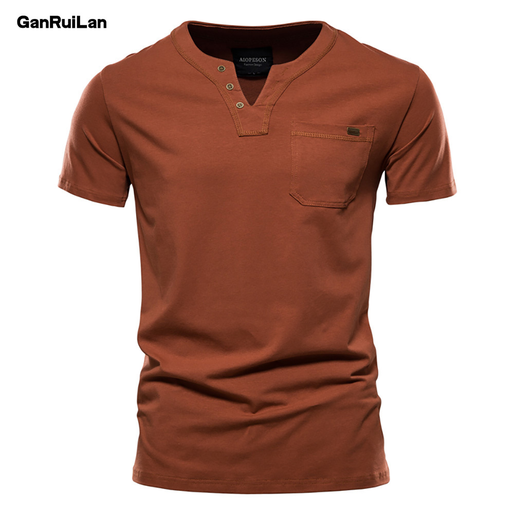 

Summer Tops Tee Quality Cotton T Shirt Men Solid Color Design V-neck Casual Classic Men's Clothing T-shirt B0940 210518, Green color