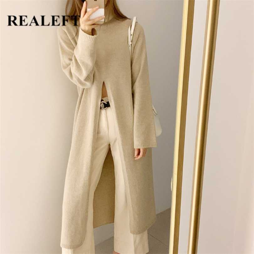 

REALEFT Elegant Front Split Sweater Dresses Autumn Winter Long Sleeve Turtleneck Street Female Knitting Dress Korean Style 211110, Apricot