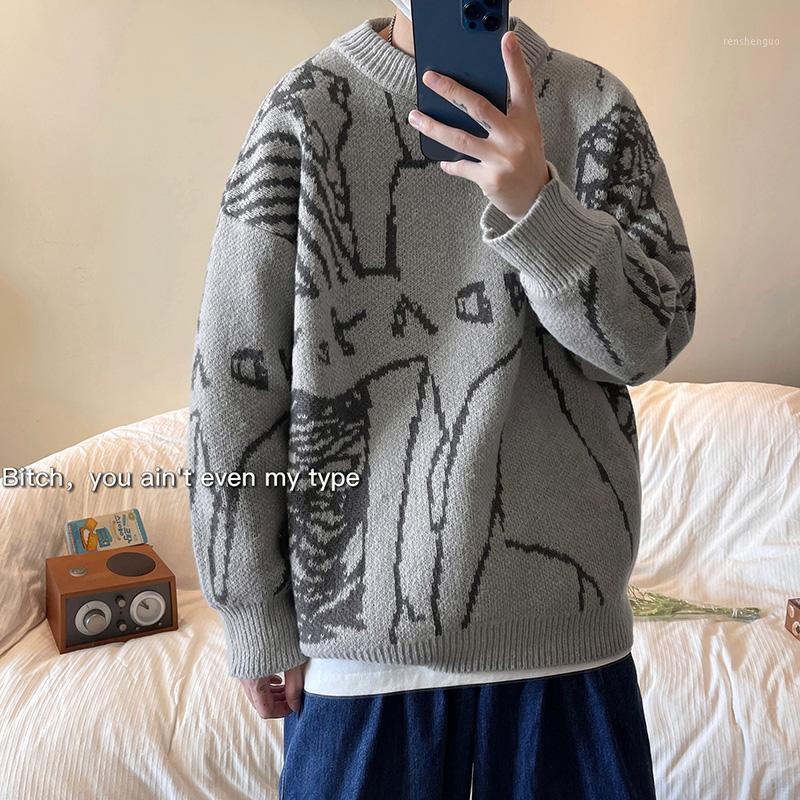 

Men's Sweaters 2021 Autumn And Winter Pulover O Neck Knitted Sweater Men Brand Quality Elegant Clothing Cartoon Printing Streetwear Fashion, Light grey