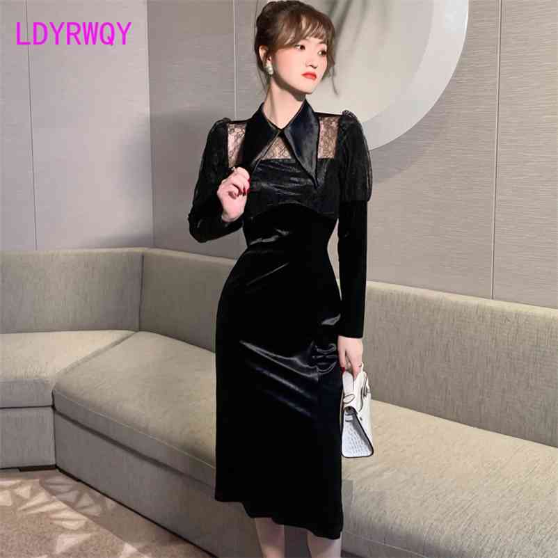 

spring stitching lace slim dress Office Lady Sheath Zippers Knee-Length Polyester 210603, Black