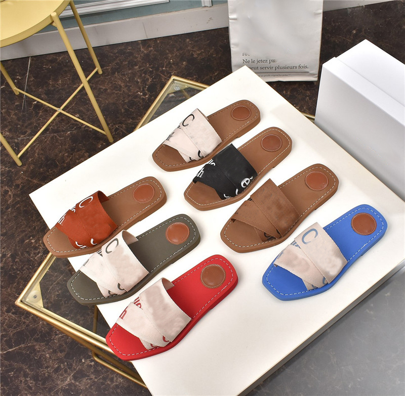 

2021 Slippers 1:1 WOODY Retro Letter Sandals Shoes AAAAA Flops Leather Slipper Casual Flat Summer Outdoor Beach Holiday Dupe Women Shoe Box
