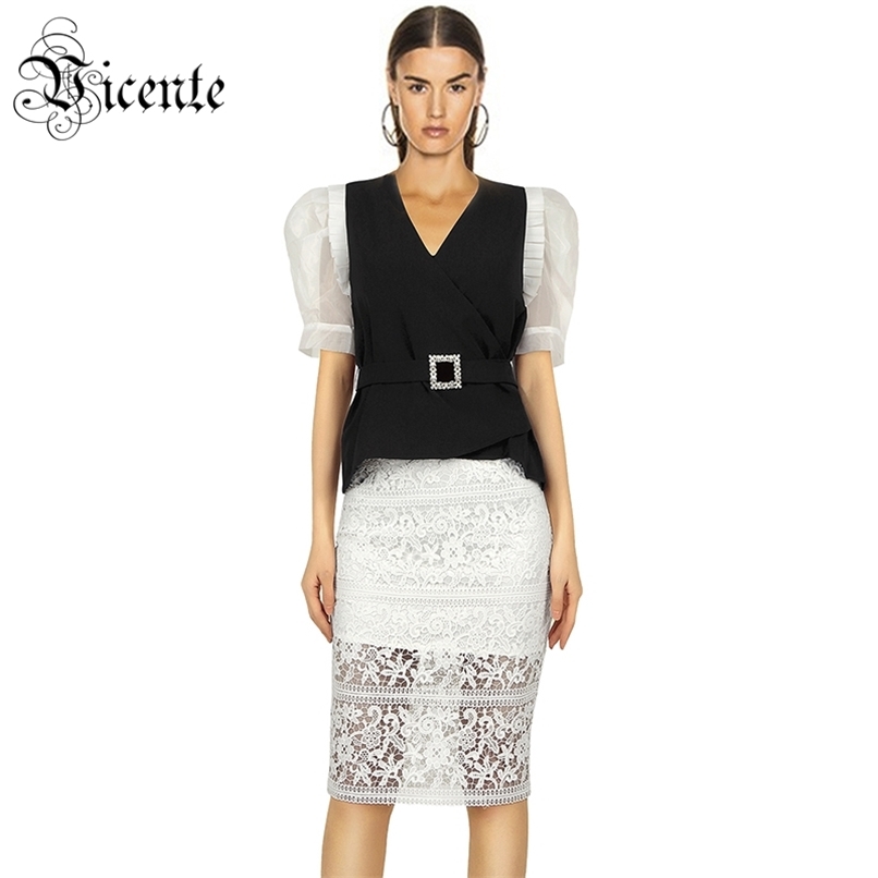 

Chic White Lace Color Block Sashes Tops Skirt Two Pieces Suit V Neck Party Wear Elegant Vestido 210520, Black with white