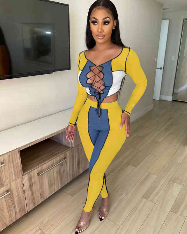 

Fall Clothes For Women Fashion Bandage Rib Splicing Sports Leisure Pants Long Sleeve 2 Piece Set, Gray