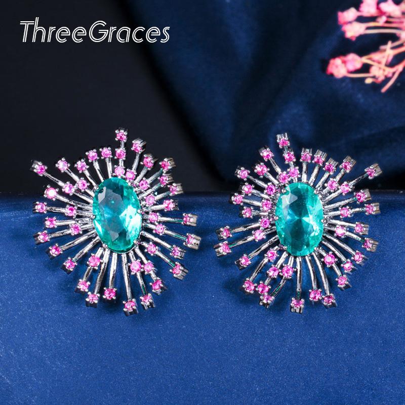 

Stud ThreeGraces Unique Flower Shape Micro Pave Pink And Light Blue Cubic Zircon Big Earrings Ladies Party Jewelry E492, Golden;silver