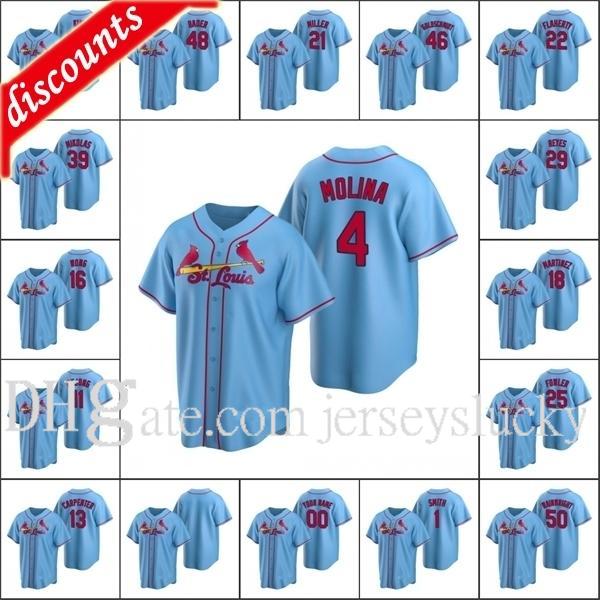 

2021 St. Louis\rCardinals Men #22 Jack Flaherty 4 Yadier Molina 1 Ozzie Smith Custom Women Youth Light Blue\rReplica\rAlternate Jersey