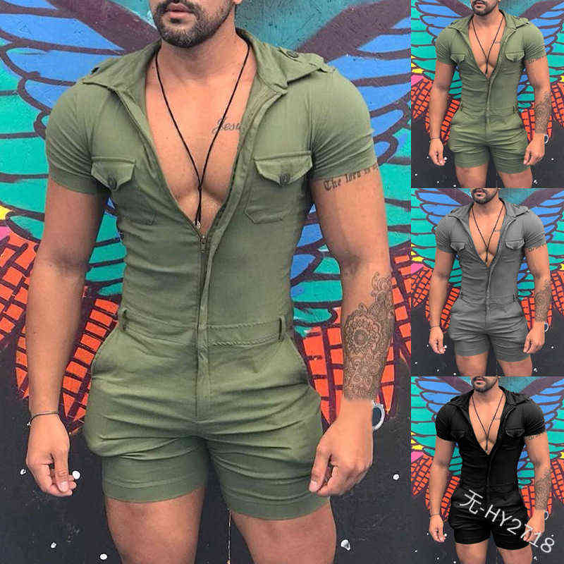 

5XL Large Size Men Jumpsuit Summer Sexy Slim Playsuit Short Sleeves Shirt tops+Short Zipper Open Fashion Solid onesies Jumpsuit G1202, Blue