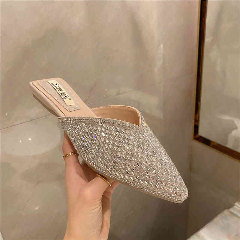 

slippers women summer mules luxury shoes pointed toe sandals slip-on loafer slide ladies party flats girl designer fashion mj3t, Black