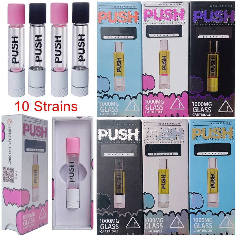 

3 Colors Push Atomizers Glass Cartridges Pacakaging Box 1ml Empty Vape Pen Carts 510 Thread Thick Oil Vaporizer E Cigarettes 10 Strians