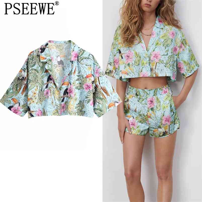 

Women Shirt Print Crop Top Woman Short Sleeve Summer Blouses Female Vintage Hawaiian Casual Button Up Beach 210519