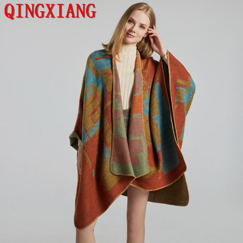

Scotland Classic Jacquard Weave Outstreet Wear Coat Autumn Faux Cashmere Cloak 130*150 Women Shawl Back Split Thick Poncho Scarves, Blue;gray