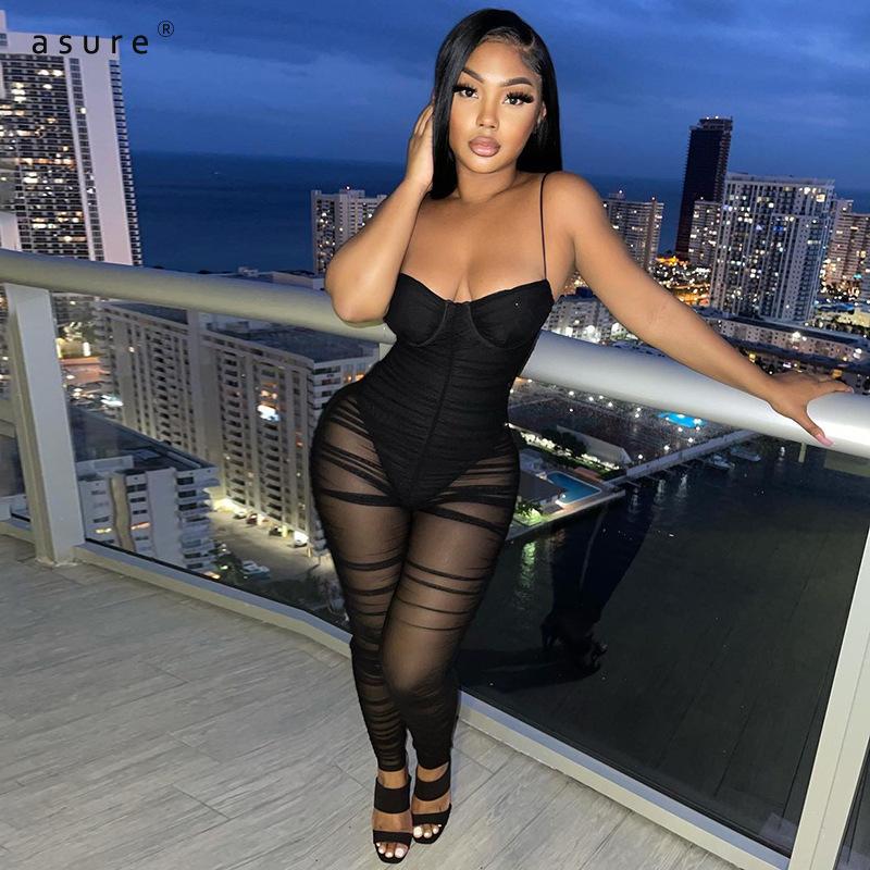 

Jumpsuit Women Elegance Garment Body Sexy Female Mesh Overalls Club Outfits Catsuit One Piece Tracksuit Baddie Clothes K20915J Women' Jumps, Black