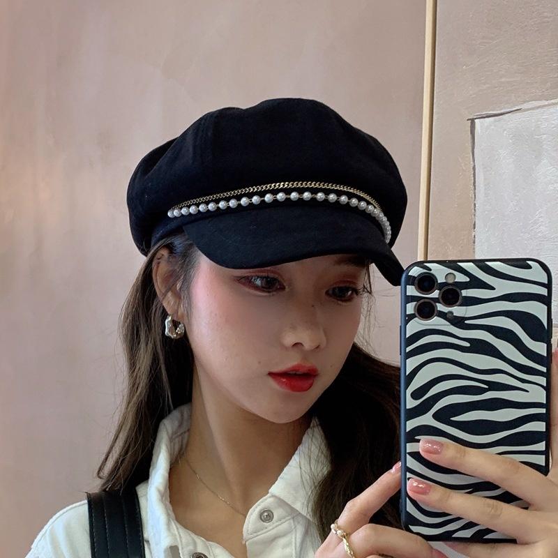 

Berets Women Winter Warm Vintage Beanie Navy Hat Imitation Pearl Buttons Beaded Thicken Faux Fur Lady Sboy Visors Beret, Black