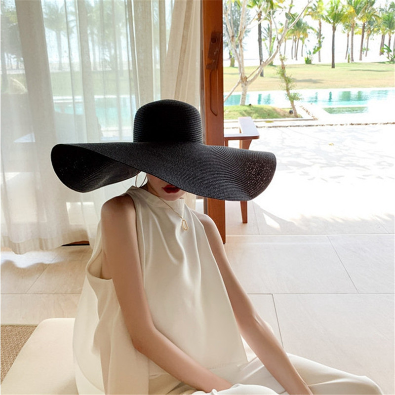 

Retro Beach Sunscreen Hats 30CM Foldable Sun Hat Holiday Travel Straw Hat Caps Big Brim Women Hat, Black