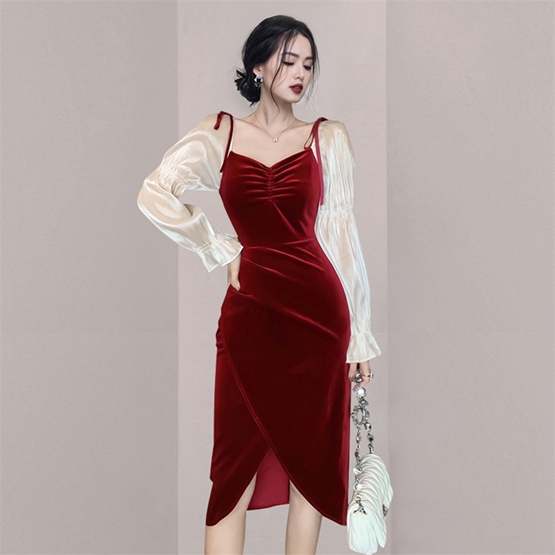 

Spring ladies temperament French sexy small dress bag hip bubble sleeve slit office for women esparty 210602, Burgundy