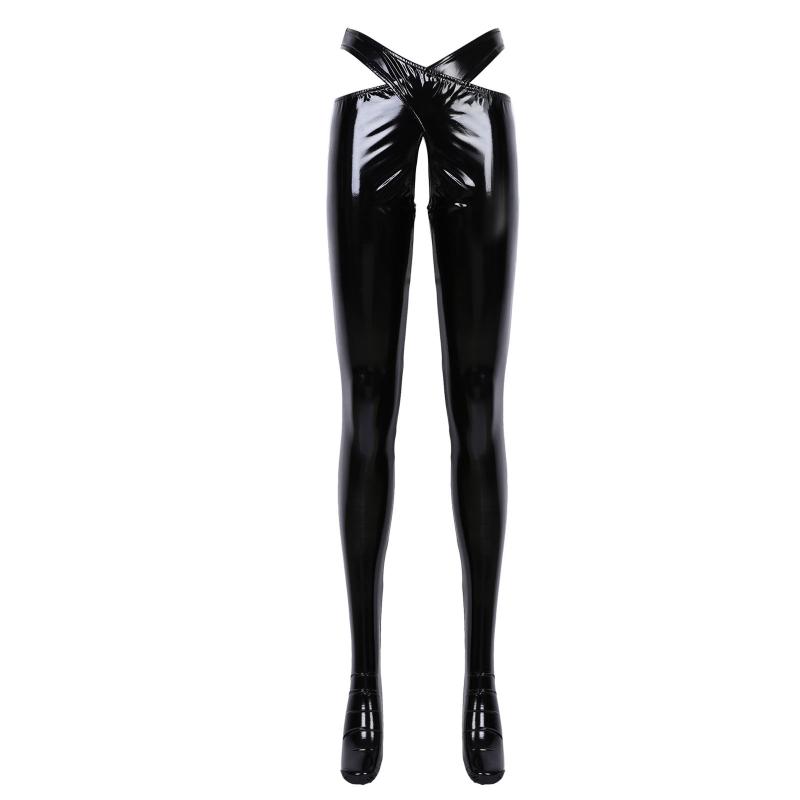 

Women' Panties Women Sexy Patent Leather Pants Trousers Clubwear Waistband Crotchless Open Crotch Leggings For Lingerie Night Role Play, Black