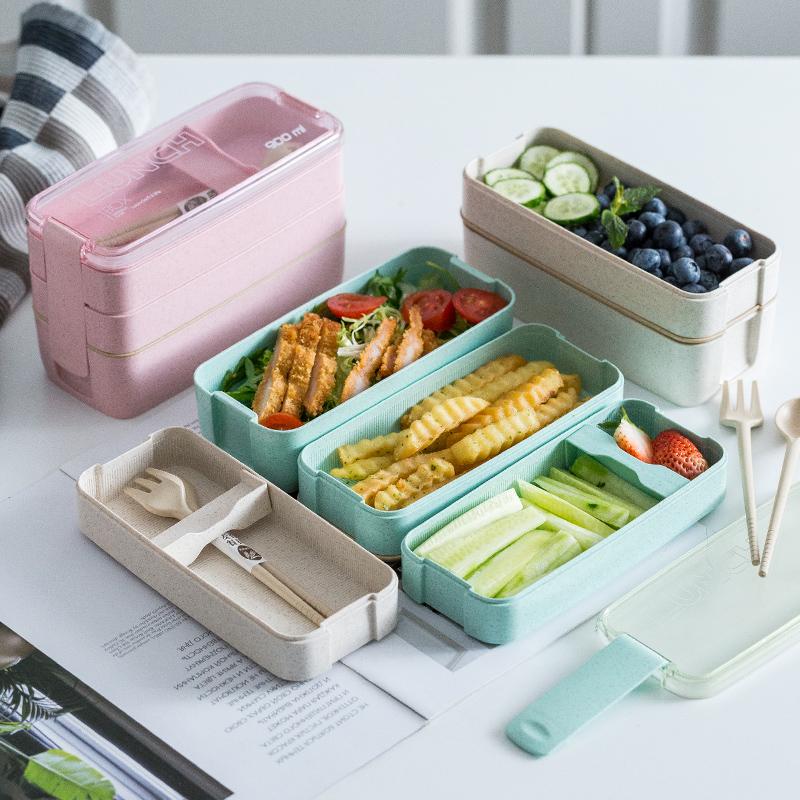 

Dinnerware Sets 3 Layer 900ml Wheat Straw Lunch Box Microwave Bento Boxes Fruit Vegetable Storage Container Kids Adults Lunchbox