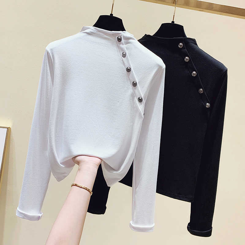 

Half Turtleneck Spring Autumn Tops Tshirt Women Korean Style Slim Button T-Shirt Womens Clothes Tee Shirt Femme White Black 210604