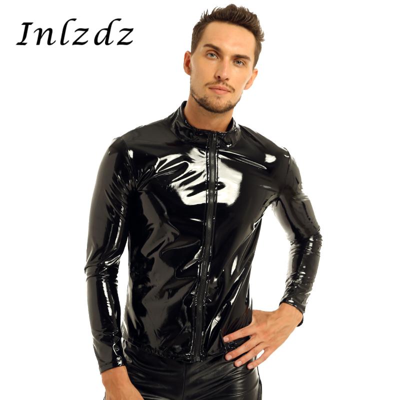 

Bras Sets Men Lingerie T-shirt Shiny Metallic Long Sleeve Nightclub Front-Zip Stand Collar Tops Wet Look Patent Leather Style Top Coat, Black