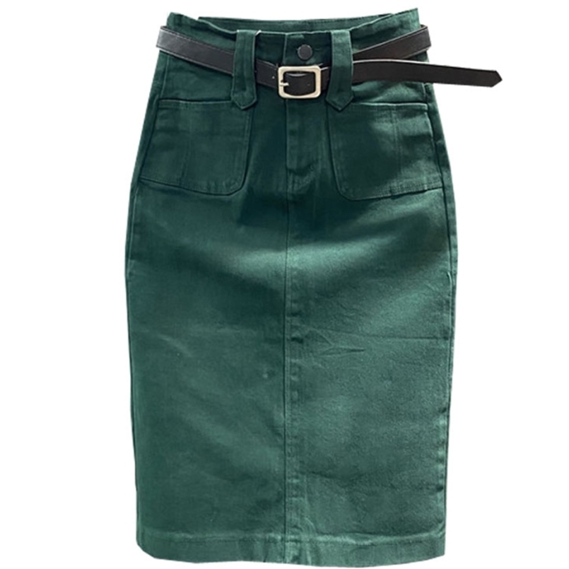 

denim skirt women summer casual high waist pacakge hip split knee length ol jeans 210702, Army green