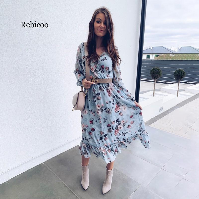 

Casual Dresses Light Blue Long Sleeve Women Boho Dress Floral Print Chiffon Ruffles Female Summer Holiday Vestidos, Sky blue