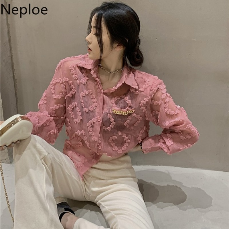 Neploe Blouses Women Spring Vintage Chiffon Shirts Single Breasted Embroidery Blouse Solid Color See Through Tops Female 210422
