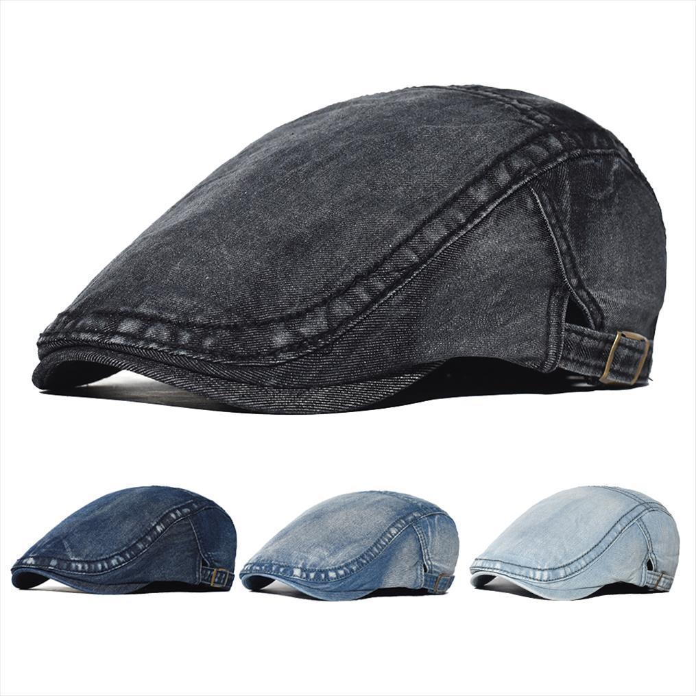 

mens washed denim beret hat distressed peaked cap adjustable cotton newsboy vintage ivy gatsby cabbie hats flat, Blue;gray