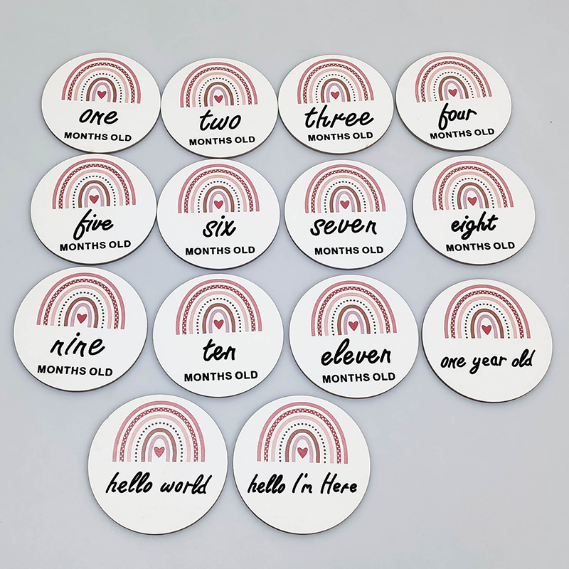 

Baby Monthly Milestone Cards 14 Pieces Wooden Arts Craft Round Wood Discs Rainbow Print Photoshoot Props for Baby Girl Boy Newborn