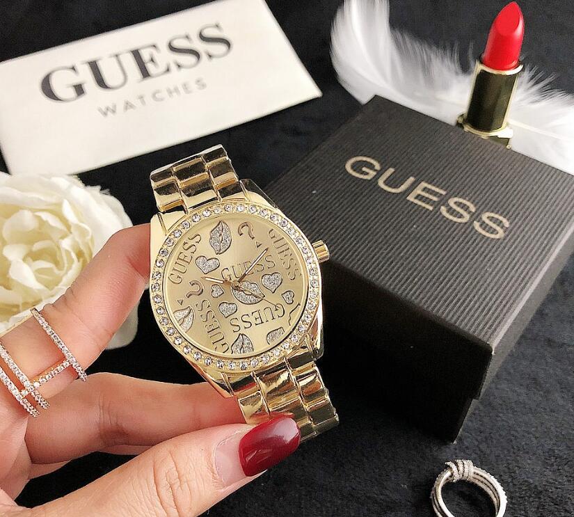 

046 Guess Fashion designer Diamond Watches women Girl Big letters women Clock Wristwatch steel band watch Quartz watch men 38MM, Black;brown