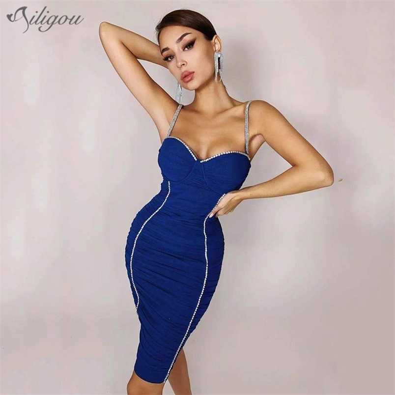 

High Quality Women's Sexy Blue Non-slip Mesh Beaded Bodycon Rayon Bandage Dress Elegant Club Party Vestidos 210525