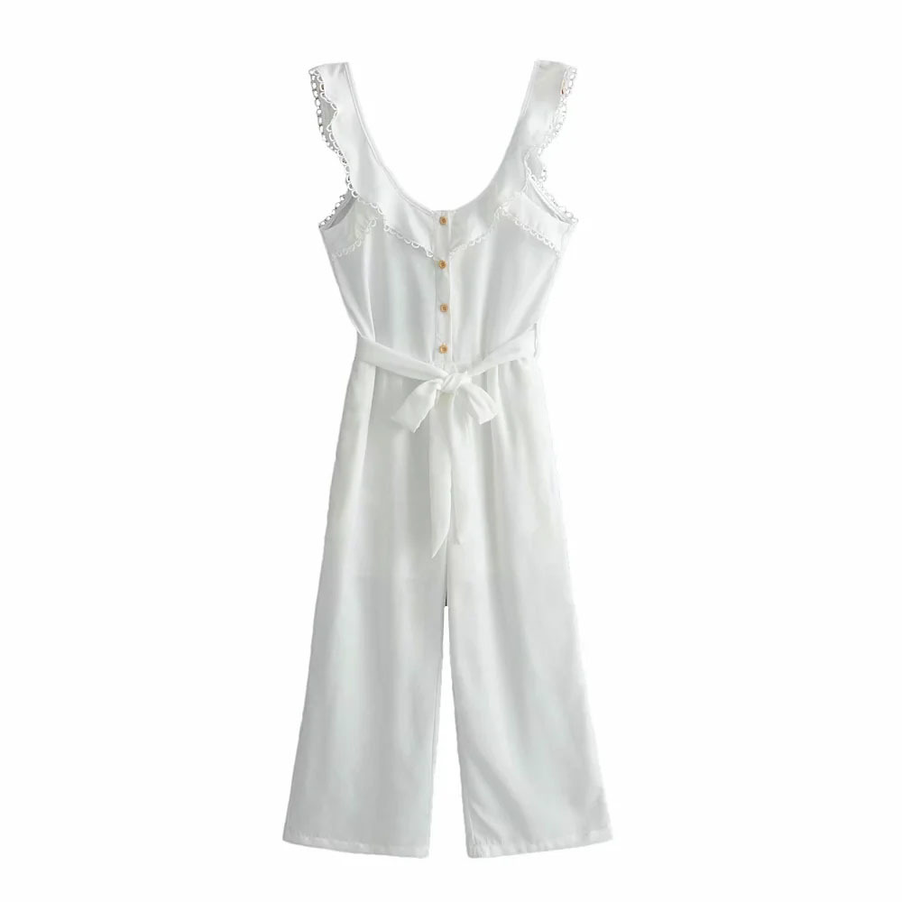 

BBWM Europe and America's Single-breasted Waistband Jumpsuit V-neck Loose Lace Up Jumpsuit 210520, White