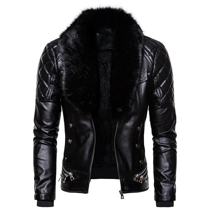 

Men' Fur & Faux Trendy Collar Detachable Leather Jacket Men Fashion Motocycle Jackets Coats Slim Fit Windproof Warm, Black