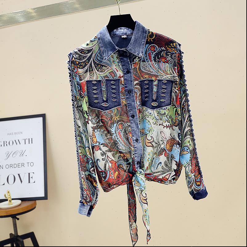 

spring autumn hollow denim stitching womens blouses printed korean style loose long sleeved chiffon female ll306, White