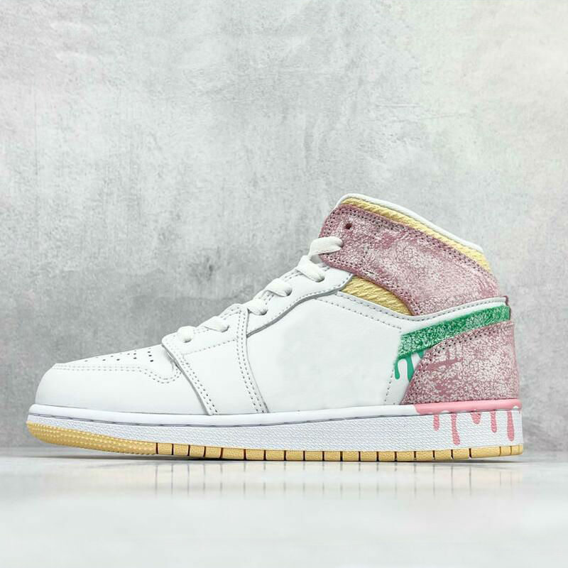 

1 MiD GS Paint Drip Low shoe Women Basketball Shoes Pink Green White Outdoor Sports Sneakers Womens Trainers, White;red