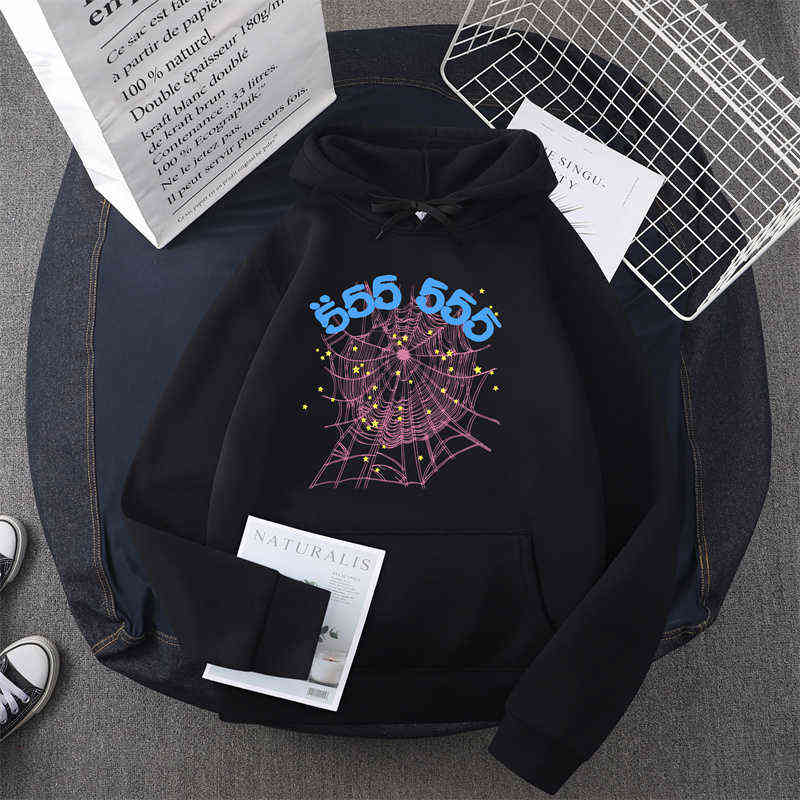 

Fashion Creativity Sp5der 555555 Angel Number Hoodie Men Women High Quality Spider Web Pattern Sweatshirt Unisex Loose Clothing Y1213, Black