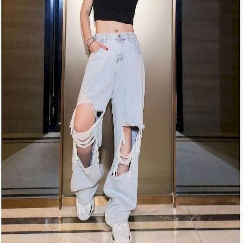 

Women's Jeans Large Size Oversized Ripped Women Pants Female Beggar Style Denim Wide-leg Korean Loose Thin Trousers Punk AIQD, Light blue