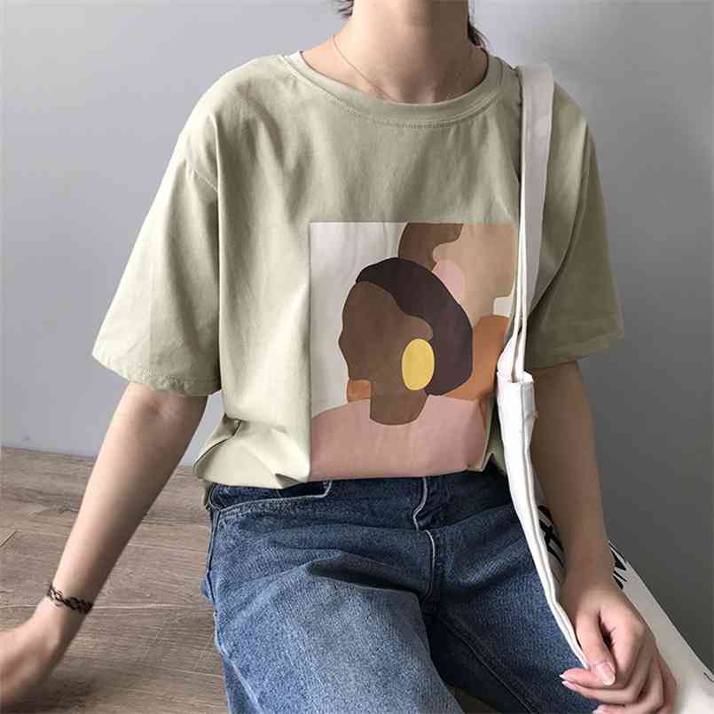 

Fanco Vintage Abstract Painting Women T-Shirt Summer Short Sleeved Korean Style Thin Round Neck Tee Shirt Tops 210708, Khaki