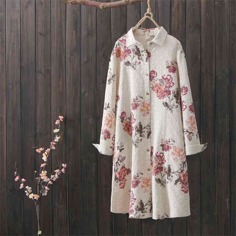 

Spring Autumn Printed Cotton and Linen Turn Down Collar Shirts Long Casual Loose Cardigan Womens Tops 210615, Beige