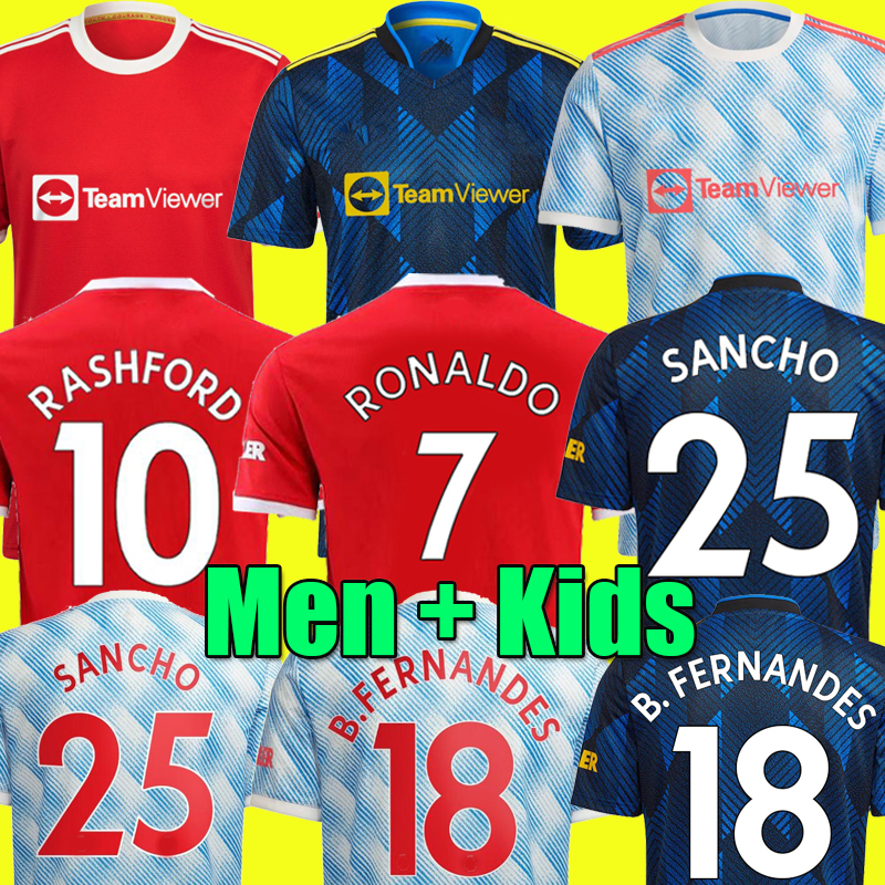 

RONALDO 21 22 SANCHO Manchester soccer jersey UNITED Fans Player version MAN BRUNO FERNANDES LINGARD POGBA RASHFORD football shirt UTD 2021 2022 men + kids kit sets, 3rd kids