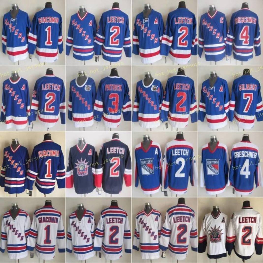 

New York Rangers 1 Eddie Giacomin Jersey Men Hockey 2 Brian Leetch 3 James Patrick 4 Ron Greschner 7 Rod Gilbert White Blue Vintage CCM, As